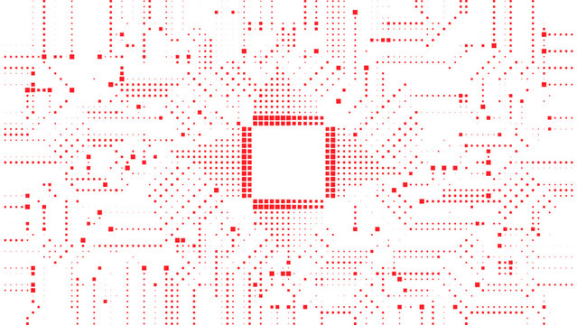 Red halftone square pattern creating an abstract microchip circuit board background
