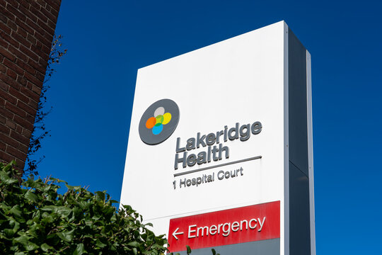 

Oshawa, Ontario, Canada - September 26, 2026: An exterior pylon sign for Lakeridge Health Oshawa on Hospital Court in OshawaOntario, Canada. 
