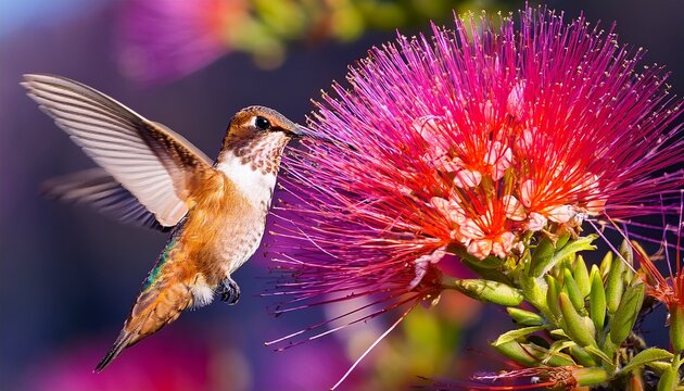 rufous hummingbird drinking nectar from blooming pride of madeira