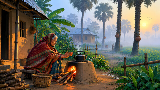 Elderly Woman Warming by Clay Stove Foggy Winter Morning Bangladesh Village Flat Illustration