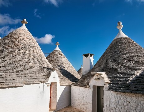 traditional trullo stone rooftops with pinnacoli against blue sky in alberobello italy