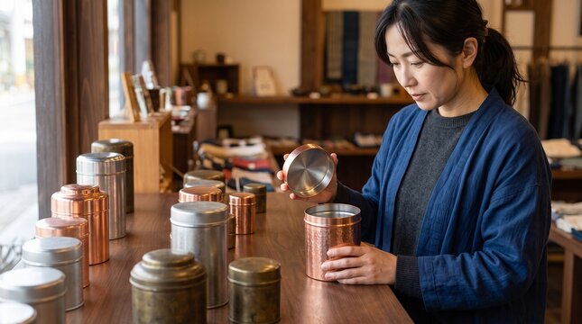 Handcrafted tea canister shopping, Traditional metal container inspection, Japanese artisan craft store, Polished copper tea ware display, retail lifestyle