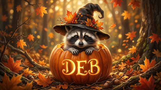 Cute raccoon wearing a witch hat sitting inside a pumpkin in an autumn forest
