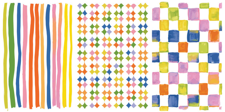 Set of colorful watercolor patterns with vertical stripes geometric shapes and checks watercolor pattern check pattern colorful background hand painted grid pattern brush strokes abstract patte