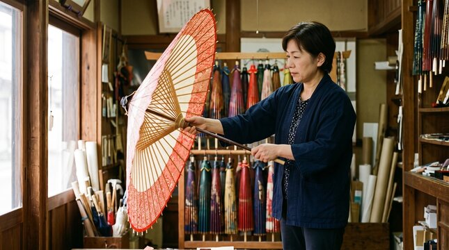 Traditional paper umbrella shopping, Handcrafted bamboo parasol opening, Japanese artisan craft store, Vibrant paper canopy demonstration, cultural retail lifestyle
