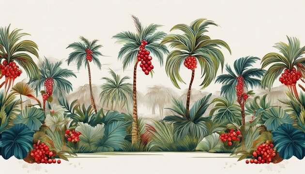 tropical vintage botanical palm trees cherry tree plants landscape seamless border white background exotic jungle wallpaper