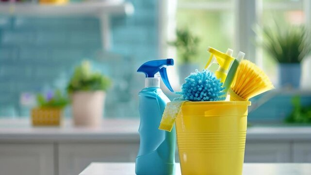 Yellow bucket with cleaning supplies and spray bottle in a bright kitchen