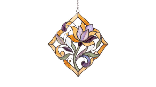 Stained glass suncatcher with lotus flower, elegant glass window hanging, ornate floral sun catcher ornament on white background