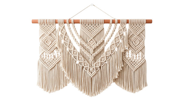 Bohemian macrame wall hanging with wooden dowel, handmade woven cotton tapestry background, neutral beige interior decor