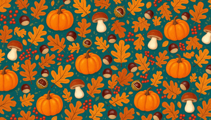 Festive autumn wallpaper illustration with scattered orange pumpkins, farfalle, porcini mushrooms, red berries and autumn foliage on a deep green background. © ginettigino