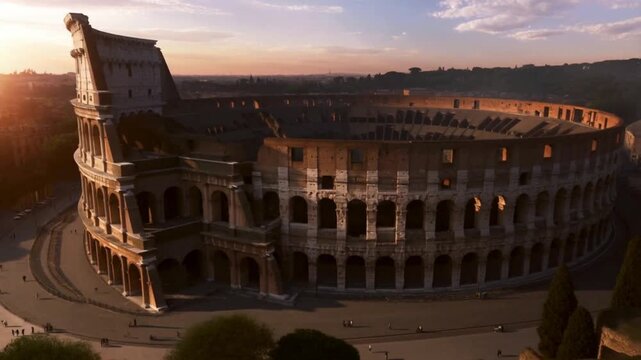 At sunset, the Roman Colosseum is bathed in a warm golden glow, with long shadows stretching across its ancient stone arches beneath a sky of soft orange and purple.