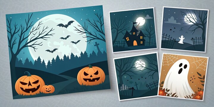 Halloween social media story set with haunted houses ghosts pumpkins and moonlight