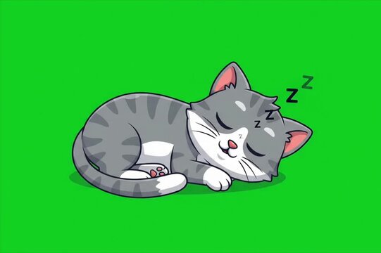 Cute sleeping cat cartoon illustration, green screen vector pet icon
