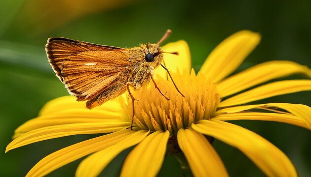 close up of skipper butterfly with coiled proboscis on bright yellow flower