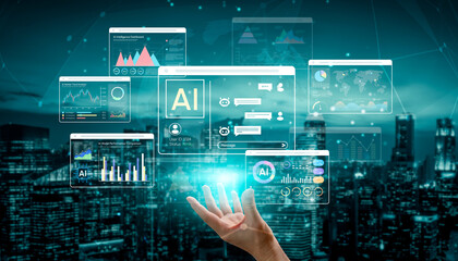 Obraz premium Futuristic Concept of Artificial Intelligence Technology with Data Visualization Overlays and Human Interaction in Urban Setting. Entropy.