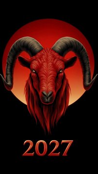 Red ram stares forward against glowing orange sun. Year 2027 written in fiery font. Strong, bold design perfect for horoscope or new year themes