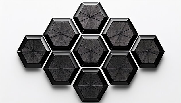 geometric flower shape composed of seven black hexagons surrounding a single red central hexagon on a plain white background