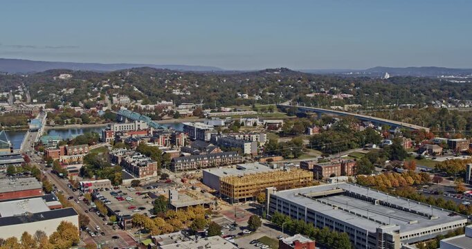 Chattanooga Tennessee Aerial v1 circular pan shot above bluff view district overlooking at downtown and northshore cityscape and river bridges - Shot with Inspire 2, X7 camera - November 2020
