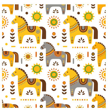 Stylized horses and suns folk art pattern