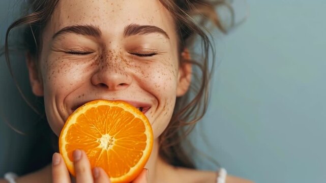 Close-up of Happy Girl with Freckles Holding a Juicy Orange Slice