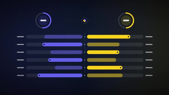 Purple and Yellow Split Comparison Chart Animation with Growing Bars and Circle Meters on Dark Tech Interface Loop