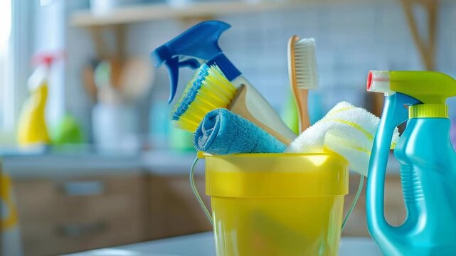 Cleaning supplies and tools in a yellow bucket