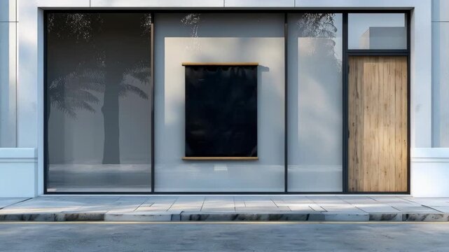 Modern Minimalist Boutique Storefront with Glass Window and Wood Door