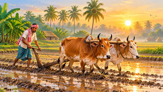 Middle Aged Bangladeshi Farmer Ploughing Field with Cows Early Morning Flat Digital Illustration