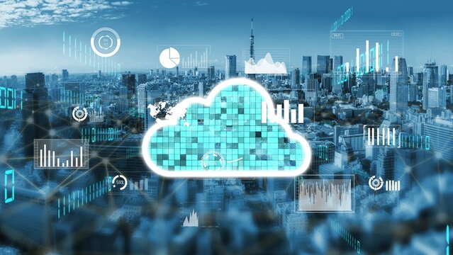 A creative depiction of cloud computing with data visualization overlays on a modern city skyline, symbolizing technology, innovation, and digital transformation. Xenic