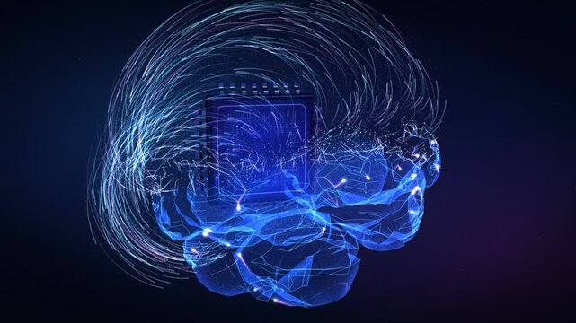 AI in healthcare concept, holographic brain transforms into AI chip surrounded by orbiting medical icons