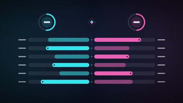 Cyan and Pink Versus Comparison Bar Chart Animation with Circular Progress Rings on Dark Dashboard Background Seamless Loop