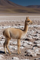 Obraz premium Young vicuna stands on salt crust terrain in Bolivian Altiplano. Profile view of slender camelid mammal with cinnamon fur. Wild animal looks alert in high altitude Andean plateau wilderness. Nature