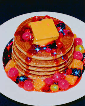 Candy covered pancake stack with syrup in fantasy airbrush neon retrp artwork