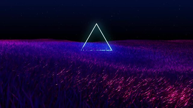 Surreal futuristic landscape with a glowing neon triangle standing in a vast field of luminous purple and magenta grass under a dark starry night sky.