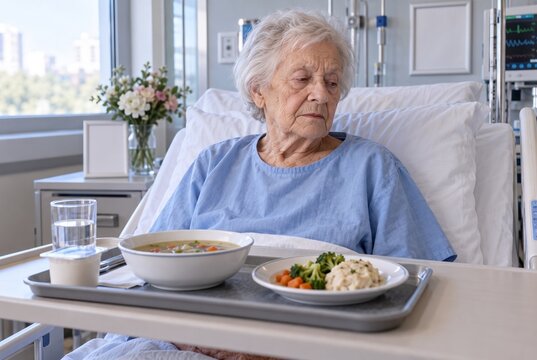 &Auml;ltere Patientin verweigert Krankenhausessen und zeigt Appetitlosigkeit w&auml;hrend station&auml;rer Behandlung