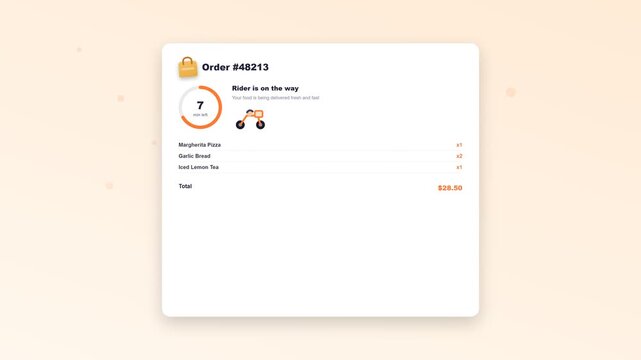 Food delivery mobile app interface tracking order status with countdown timer and animated delivery rider, isolated on solid background