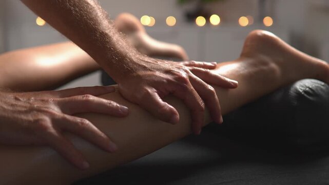 A massage therapist uses thumbs to release tension beside the spine and shoulder blades. The detail close view presents muscular recovery, manual therapy and client comfort.