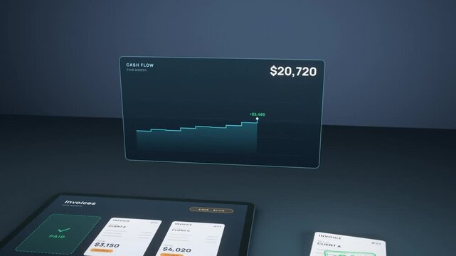 Invoice paid stamp animation, three invoices stamped paid on a tablet as the cash flow chart rises
