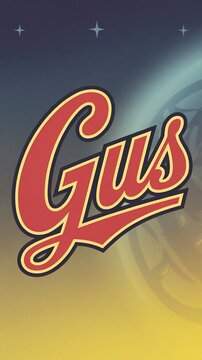 Retro Gus script logo with a stylized typeface in red and yellow against a cosmic background.