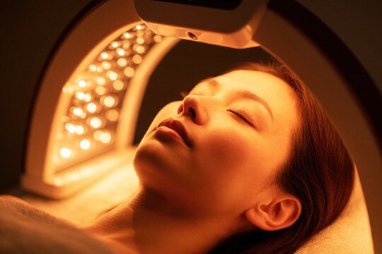 Young woman gets tanning treatment in beauty salon. Female client enjoys solarium session for bronzed skin glow. Relaxed person on pro cosmetic procedure inside tanning booth with warm lights. Skin