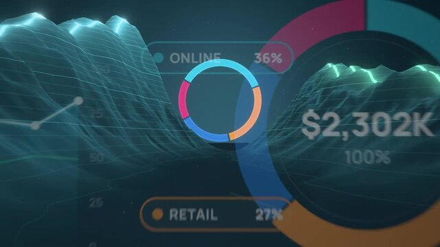 Camera flies into a laptop analytics dashboard through 3D data terrain as total revenue counts up