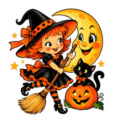 Fototapeta premium PNG Cute Halloween witch, black cat, broom, pumpkin and moon