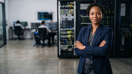 Fototapeta premium Black Female IT Manager Standing Arms Crossed Data Center