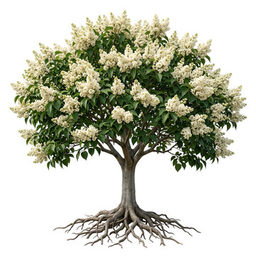 Mature Japanese Lilac tree, elegant rounded canopy with abundant large clusters of fragrant creamy-white lilac flowers, smooth trunk and exposed roots, full tree visible