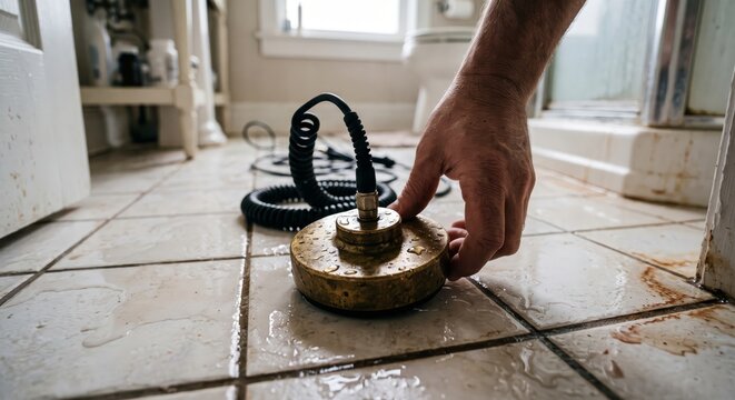 Hand operating drain cleaning tool on wet bathroom tiles.