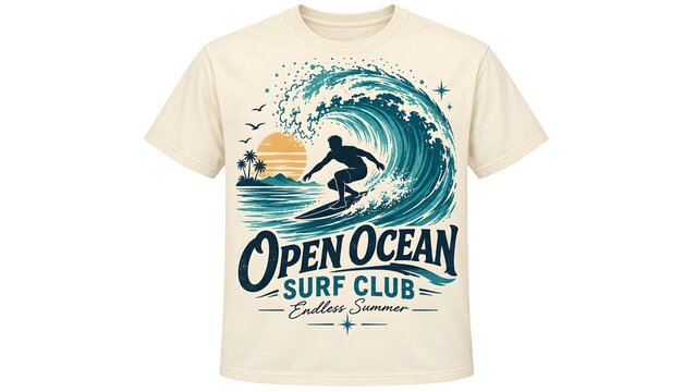 Retro graphic t shirt design featuring a surfer riding a large ocean wave at sunset with palm trees and mountains in the background Open Ocean Surf Club text.