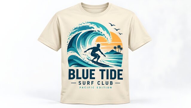 Retro graphic t shirt design featuring a surfer riding a large wave at sunset with palm trees and seagulls promoting a surf club.