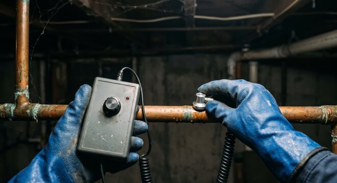Plumber using pipe inspection tool with blue gloves in basement.