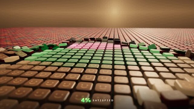 3D tile grid flips from red to green forming a laughing emoji as customer satisfaction reaches 98 percent
