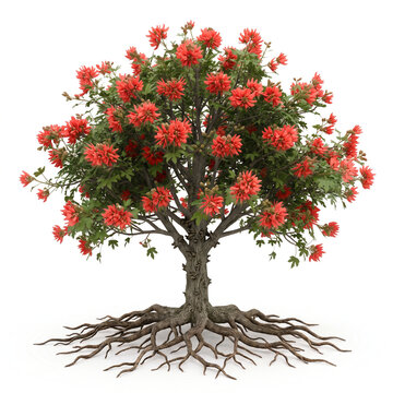 Cockspur Coral Tree, spreading branches with vivid red coral-like flowers, exposed roots, 11 ratio, isolated white background, ultra realistic 8K botanical photography, natural colors, no shadow.